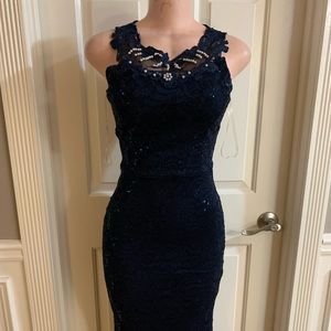 Women junior blue navy lace sequins halter bodycon mermaid maxi dress size (M)